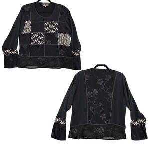 Spencer Alexis Patchwork Embroidered Top Women 14 Black Whimsigoth Eclectic Boho